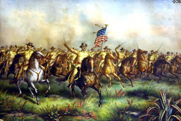 Painting of Theodore Roosevelt leading Roughriders at Aurora Plainsman Museum. Aurora, NE.