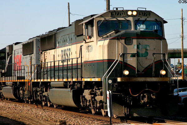 BNSF diesel locomotive passing Lincoln Station. Lincoln, NE.