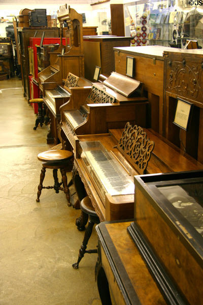 Collection of pianos at Warp Pioneer Village. Minden, NE.
