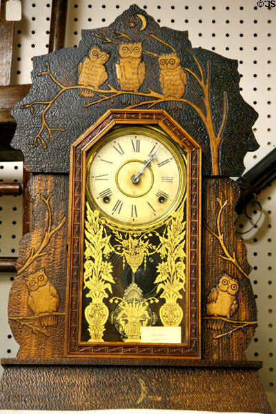 Shelf clock with carved owls by Wm. L. Gilbert Clock Co., Winsted, Conn. at Lincoln County Historical Museum. North Platte, NE.