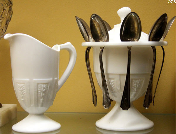 Patented pressed white glass creamer & spooner (1871) by Hobbs, Brockunier & Co. of Wheeling, WV at Museum of American Glass. Milville, NJ.
