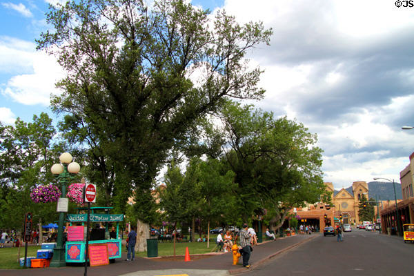 Santa Fe Plaza looking to Cathedral. Santa Fe, NM.