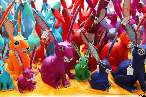 Carved rabbits in Davis Mather Folk Art Gallery. Santa Fe, NM.
