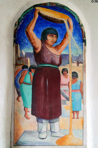 Natives Winnowing Wheat fresco (1934) by Will Shuster in courtyard of New Mexico Museum of Art. Santa Fe, NM.