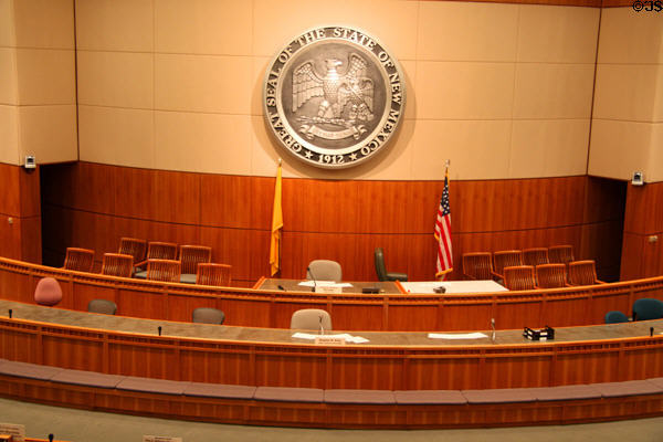 Speakers area in House of Representatives chamber in New Mexico State Capitol. Santa Fe, NM.