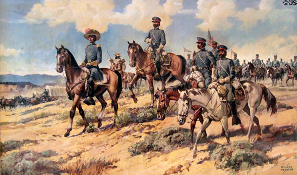 Kearny's March painting (c1950s) by Willard Andrews in NM State Capitol Art Collection. Santa Fe, NM.