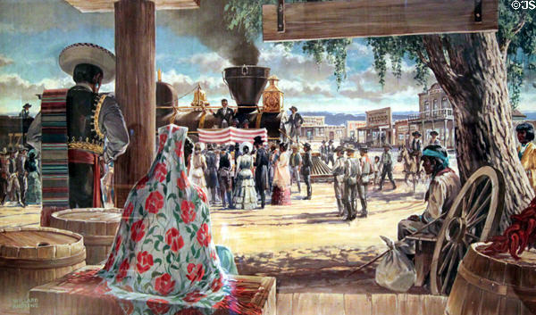 Train arriving in Lamy painting (c1950s) by Willard Andrews in NM State Capitol Art Collection. Santa Fe, NM.