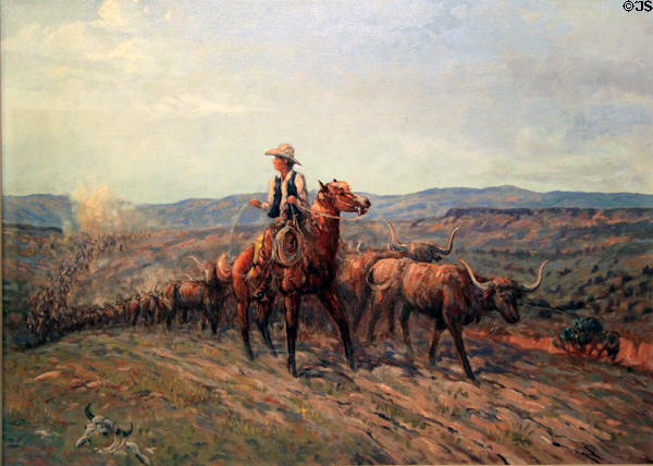 Cattle roundup painting (c1955) by Jake H. Haverstick in NM State Capitol Art Collection. Santa Fe, NM.