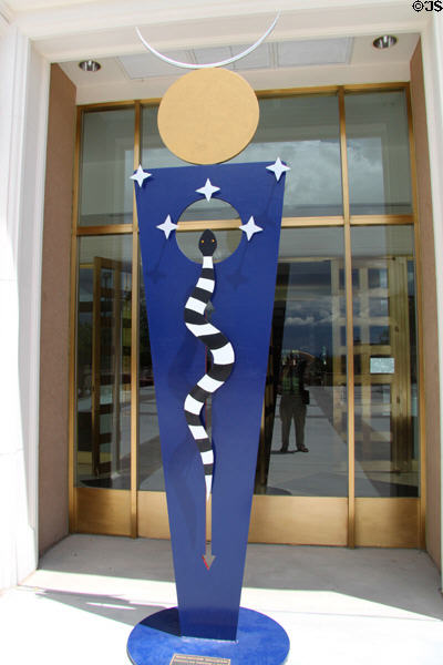 Sun / Moon Shaman sculpture (2010) by Douglas Coffin at NM State Capitol. Santa Fe, NM.