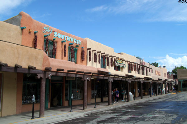 Heritage Territorial-style buildings on west side of Taos Plaza. Taos, NM.