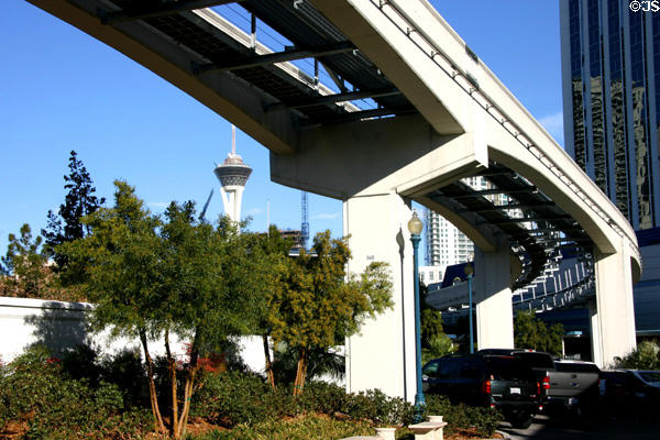 Monorail tracks weave through precious real estate of Las Vegas. Las Vegas, NV.