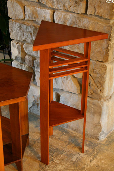 Triangular table by Wright in living room of Graycliff. Buffalo, NY.