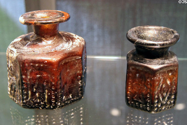 Byzantine glass bottle with Jewish symbols & glass jar (6th-7thC) from Western Asia at Corning Museum of Glass. Corning, NY.