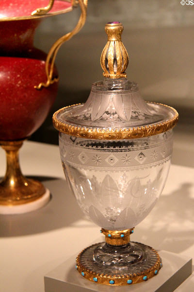 German glass engraved covered goblet (Pokal) with ormolu, turquoise & amethyst (c1820) probably by Karl Friedrich Schinkel of Werner & Mieth Workshop at Corning Museum of Glass. Corning, NY.