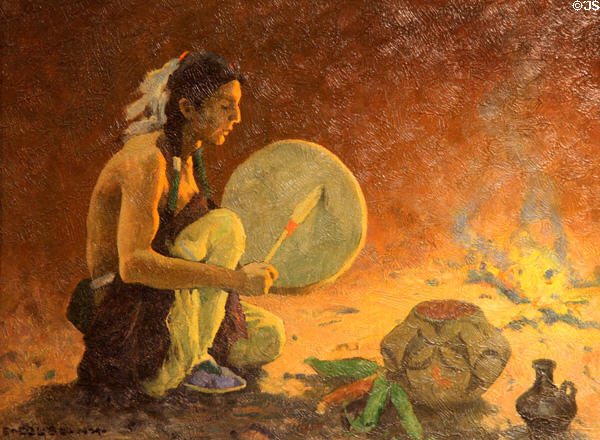 Tom-tom Player - Firelight painting (c1920) by Eanger Irving Couse at Rockwell Museum of Art. Corning, NY.