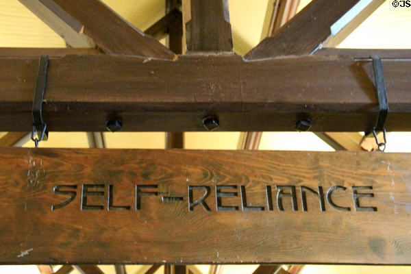 Restaurant beams gives inspirational Self-Reliance slogan at Roycroft Inn. East Aurora, NY.
