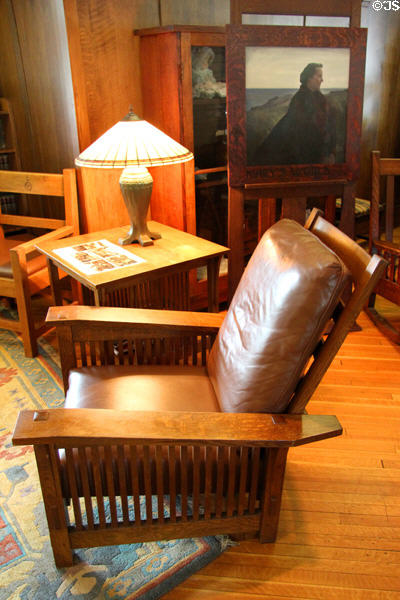Roycroft lobby chair which reclines by moveable pegs at Roycroft Inn. East Aurora, NY.