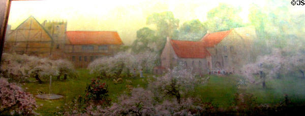 Lobby mural showing Roycroft Campus (1905) by Alexis Fournier at Roycroft Inn. East Aurora, NY.