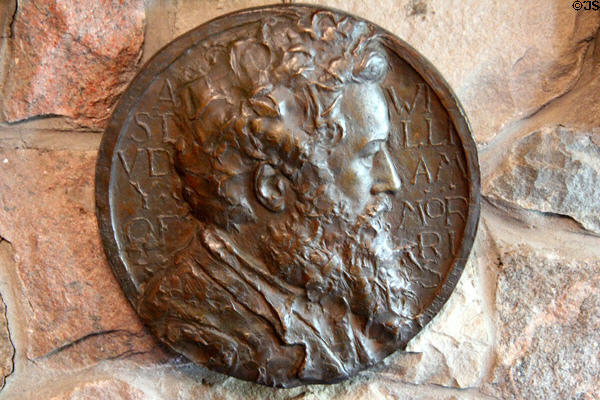 Portrait medallion of William Morris, founder of Arts &amp: Crafts movement, at Elbert Hubbard Roycroft Museum. East Aurora, NY.
