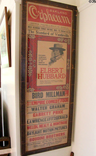 Oakland Orpheum Vaudeville playbill featuring Elbert Hubbard's 20-minute philosophy talk at Elbert Hubbard Roycroft Museum. East Aurora, NY.