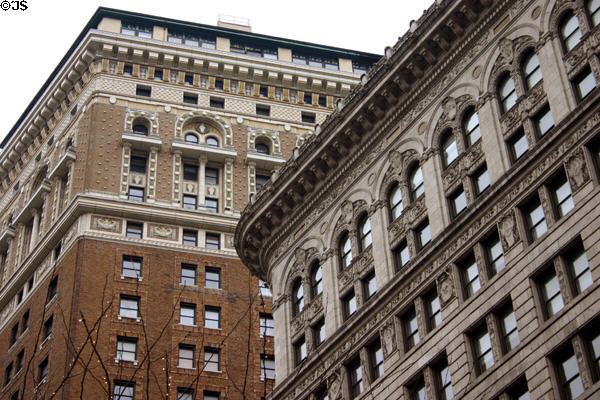Round corner of Wilson Building (1912) (1270-80 Broadway) (12 floors) in front of Herald Towers. New York, NY. Architect: Rouse & Goldstone.