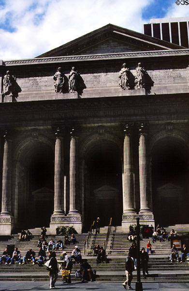 Steps of New York Public Library, a gathering place. New York, NY.