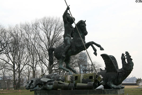 Good Defeats Evil sculpture (1990) by Zurab Tsereteli on United Nations Plaza. New York, NY.