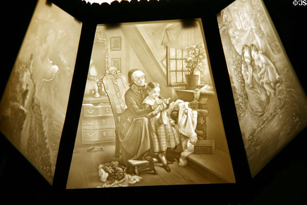 Lithophane lamp where glass thickness creates images in back parlor of Theodore Roosevelt Birthplace. New York, NY.