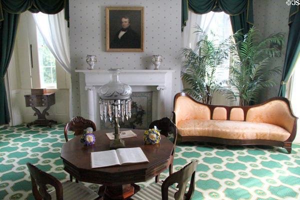 Pedestal center table (1835-45) with side chairs (1825-40) against sitting room fireplace at Lindenwald. Kinderhook, NY.