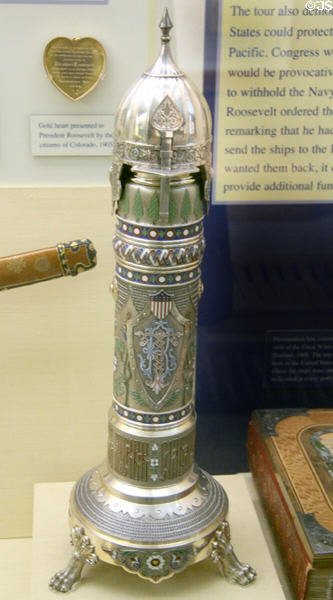 Silver flagon (c1905) presented to President Roosevelt by Czar Nicholas II of Russian at Old Orchard Museum at Sagamore Hill NHS. Cove Neck, NY.