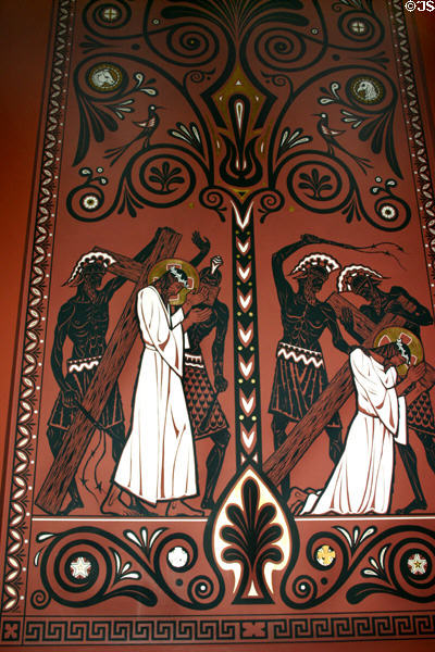 Christ carrying cross in style of ancient Greek pottery by artist Carl Zimmerman in St Peter-In-Chains Cathedral. Cincinnati, OH.