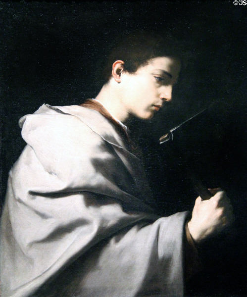 St Matthias (Young Man with Hatchet) painting (c1630) by workshop of Jusepe de Ribera of Spain at Cincinnati Art Museum. Cincinnati, OH.