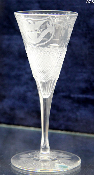 Presidential glass flute (1870s or prior) cut & engraved with eagle & shield at Rutherford B. Hayes Presidential Center. Fremont, OH.