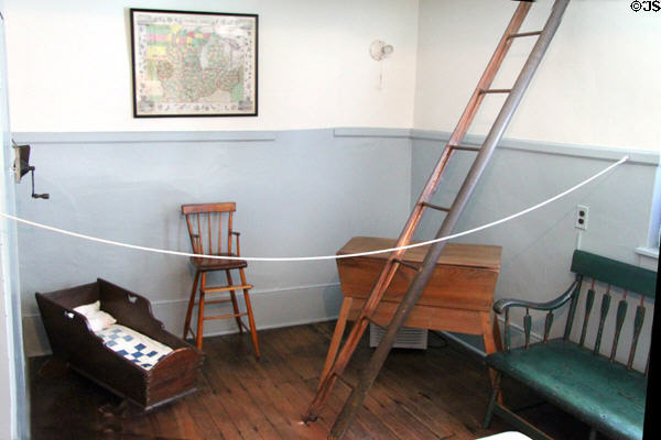 Wooden antiques including cradle, high chair, folding ladder, & bench at Edison Birthplace Museum. Milan, OH.