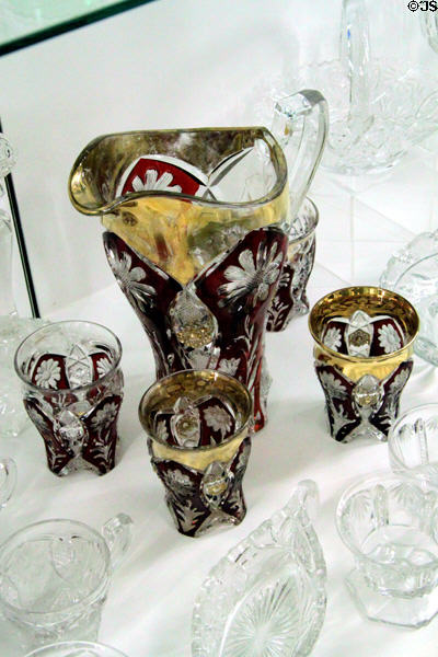 Near cut pitcher trimmed with gold at National Museum of Cambridge Glass. Cambridge, OH.
