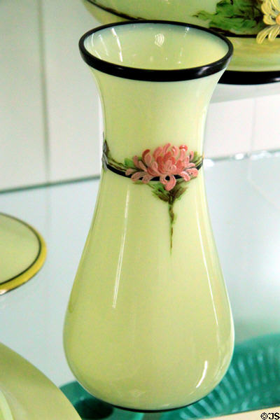 Ivory glass vase with flowers (c1924-mid 20s) at National Museum of Cambridge Glass. Cambridge, OH.