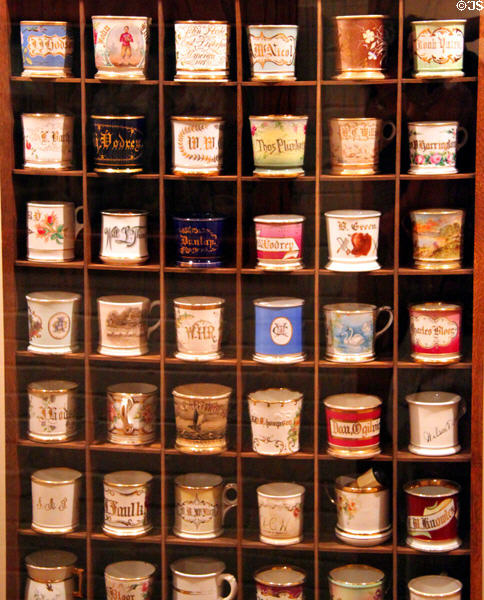 Collection of shaving mugs at Museum of Ceramics. East Liverpool, OH.