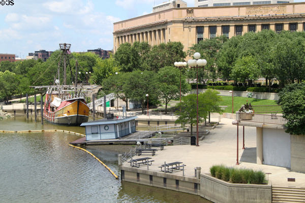 Scioto River with waterfront walk, ship Santa Maria & Post Office building. Columbus, OH.