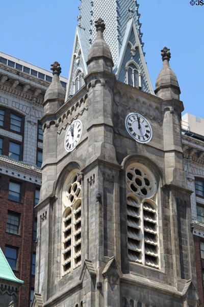 Corner tower of Old Stone Church. Cleveland, OH.