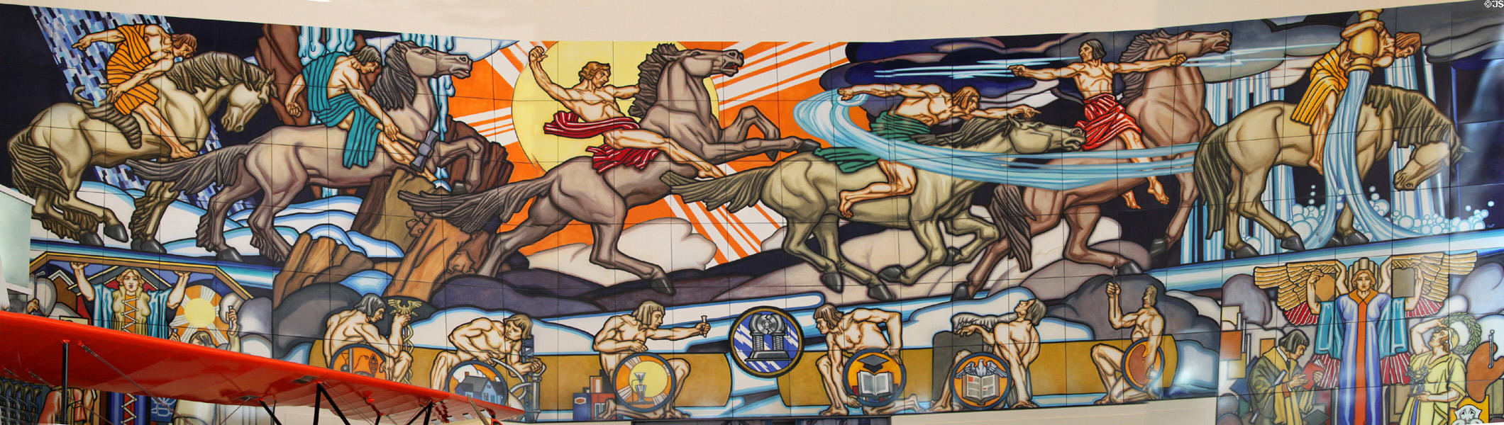 Man's Conquest of the Elemental Forces of Nature porcelain enamel mural (28'x73') (1939) for New York World's Fair Home by J. Scott Williams (designer), Daniel Boza (painter) & Cleveland Ferro Enamel Corp. Then exhibited (1941-82) in concourse of Terminal Tower, Cleveland. Now at Cleveland History Center. Cleveland, OH.