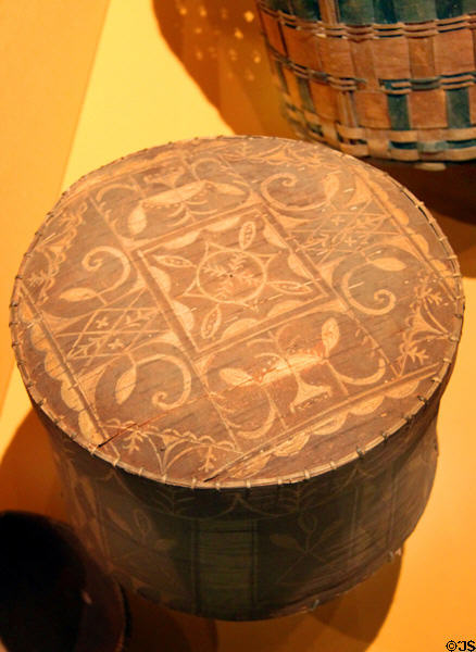 Passamaquoddy birchbark box with scratched design (c1850) from Maine at Cleveland Museum of Natural History. Cleveland, OH.