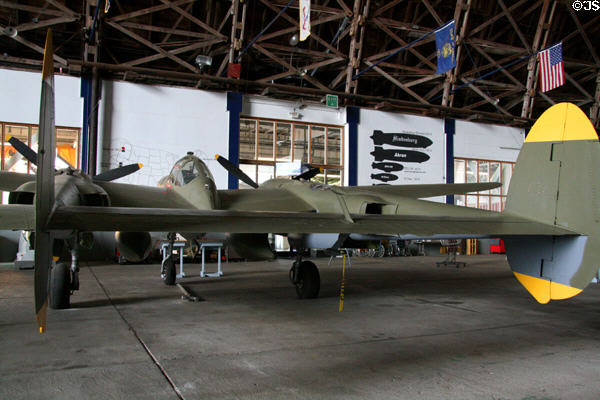 Double tail of Lockheed P-38 Lightning (1944) at Tillamook Air Museum. Tillamook, OR.