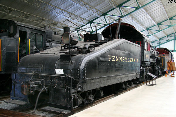 Switcher steam locomotive PRR #1670 (1916) with tender sloped for reverse visibility at Railroad Museum of Pennsylvania. Strasburg, PA. On National Register.