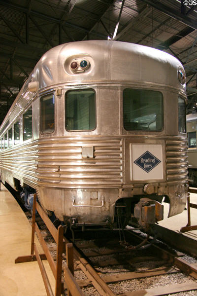 Reading observation passenger car #1 Crusader (1937) in streamlined stainless steel at Railroad Museum of Pennsylvania. Strasburg, PA.