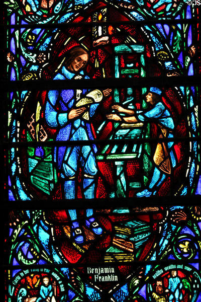 Stained glass Benjamin Franklin at printing press in Heinz Chapel. Pittsburgh, PA.