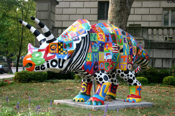 Street art of triceratops covered with alphabet. Pittsburgh, PA.