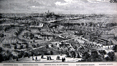 Bird's Eye etching of Centennial Exposition (1876) in Fairmount Park, Philadelphia. Philadelphia, PA.