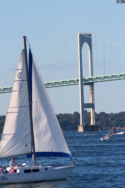 Sailboat & Claiborne Pell Newport Bridge on Narragansett Bay. Newport, RI.