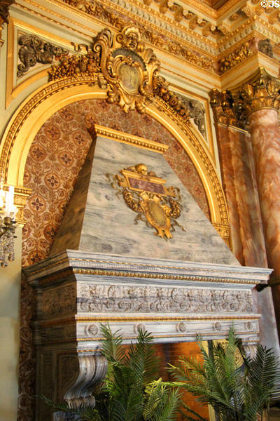 Dining Room fireplace in grey marble at The Breakers. Newport, RI.