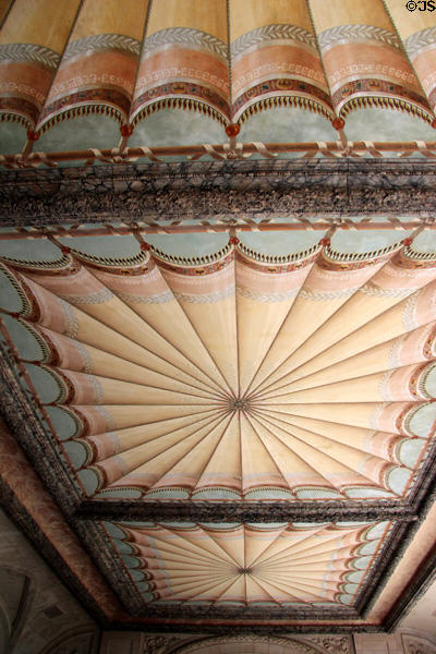 Upper Loggia ceiling painted to mimic an awning at The Breakers. Newport, RI.